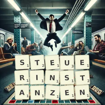 Kreative Illustration für ein Scrabble-Spiel, bei dem das Wort STEUERINSTANZEN mit Steinen auf dem Brett gelegt wurde.