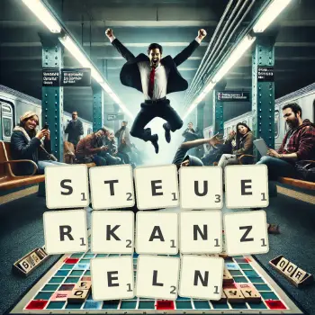 Kreative Illustration für ein Scrabble-Spiel, bei dem das Wort STEUERKANZELN mit Steinen auf dem Brett gelegt wurde.
