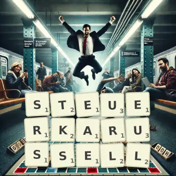 Kreative Illustration für ein Scrabble-Spiel, bei dem das Wort STEUERKARUSSELL mit Steinen auf dem Brett gelegt wurde.