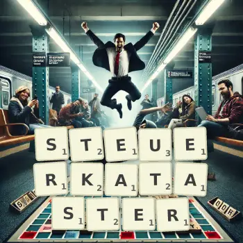 Kreative Illustration für ein Scrabble-Spiel, bei dem das Wort STEUERKATASTER mit Steinen auf dem Brett gelegt wurde.
