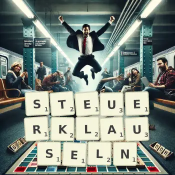 Kreative Illustration für ein Scrabble-Spiel, bei dem das Wort STEUERKLAUSELN mit Steinen auf dem Brett gelegt wurde.