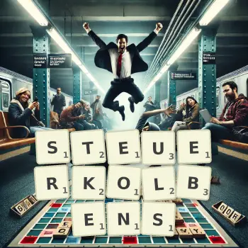 Kreative Illustration für ein Scrabble-Spiel, bei dem das Wort STEUERKOLBENS mit Steinen auf dem Brett gelegt wurde.