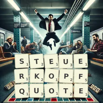 Kreative Illustration für ein Scrabble-Spiel, bei dem das Wort STEUERKOPFQUOTE mit Steinen auf dem Brett gelegt wurde.