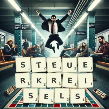Kreative Illustration für ein Scrabble-Spiel, bei dem das Wort STEUERKREISELS mit Steinen auf dem Brett gelegt wurde.