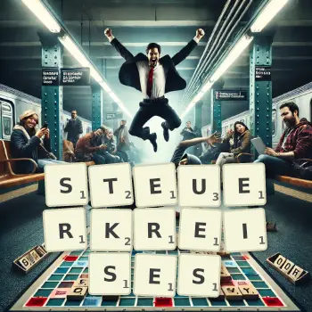 Kreative Illustration für ein Scrabble-Spiel, bei dem das Wort STEUERKREISES mit Steinen auf dem Brett gelegt wurde.