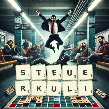 Kreative Illustration für ein Scrabble-Spiel, bei dem das Wort STEUERKULI mit Steinen auf dem Brett gelegt wurde.
