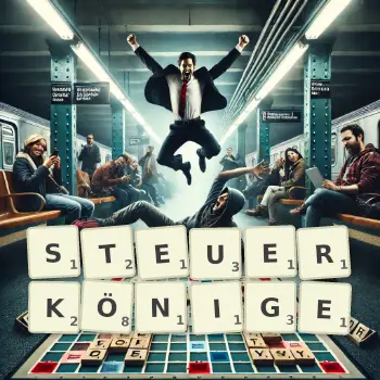 Kreative Illustration für ein Scrabble-Spiel, bei dem das Wort STEUERKÖNIGE mit Steinen auf dem Brett gelegt wurde.