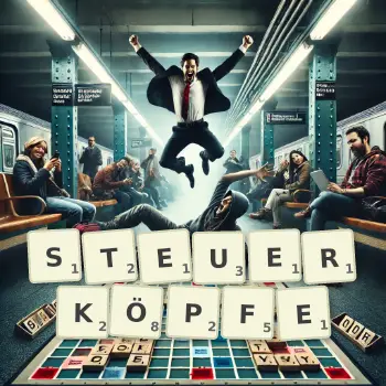 Kreative Illustration für ein Scrabble-Spiel, bei dem das Wort STEUERKÖPFE mit Steinen auf dem Brett gelegt wurde.
