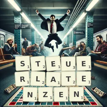 Kreative Illustration für ein Scrabble-Spiel, bei dem das Wort STEUERLATENZEN mit Steinen auf dem Brett gelegt wurde.