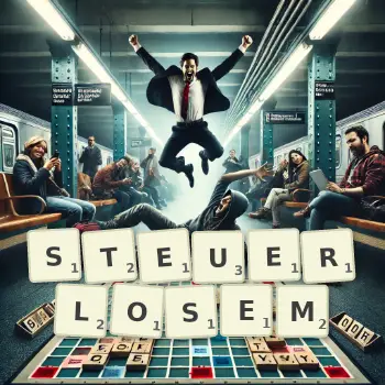 Kreative Illustration für ein Scrabble-Spiel, bei dem das Wort STEUERLOSEM mit Steinen auf dem Brett gelegt wurde.