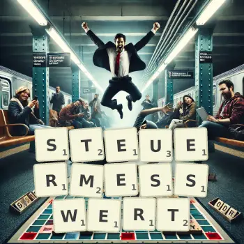Kreative Illustration für ein Scrabble-Spiel, bei dem das Wort STEUERMESSWERT mit Steinen auf dem Brett gelegt wurde.