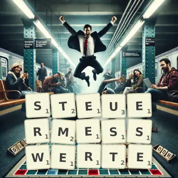Kreative Illustration für ein Scrabble-Spiel, bei dem das Wort STEUERMESSWERTE mit Steinen auf dem Brett gelegt wurde.