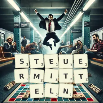 Kreative Illustration für ein Scrabble-Spiel, bei dem das Wort STEUERMITTELN mit Steinen auf dem Brett gelegt wurde.
