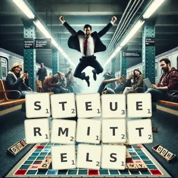 Kreative Illustration für ein Scrabble-Spiel, bei dem das Wort STEUERMITTELS mit Steinen auf dem Brett gelegt wurde.