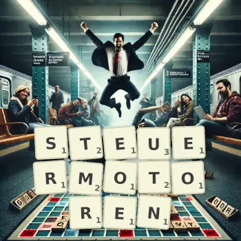 Kreative Illustration für ein Scrabble-Spiel, bei dem das Wort STEUERMOTOREN mit Steinen auf dem Brett gelegt wurde.