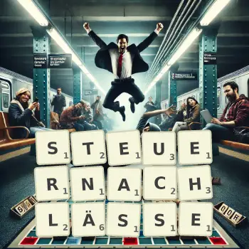 Kreative Illustration für ein Scrabble-Spiel, bei dem das Wort STEUERNACHLÄSSE mit Steinen auf dem Brett gelegt wurde.