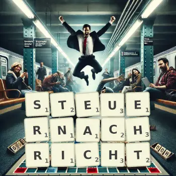 Kreative Illustration für ein Scrabble-Spiel, bei dem das Wort STEUERNACHRICHT mit Steinen auf dem Brett gelegt wurde.