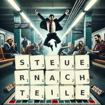 Kreative Illustration für ein Scrabble-Spiel, bei dem das Wort STEUERNACHTEILE mit Steinen auf dem Brett gelegt wurde.