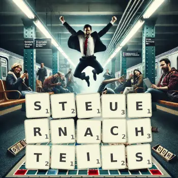 Kreative Illustration für ein Scrabble-Spiel, bei dem das Wort STEUERNACHTEILS mit Steinen auf dem Brett gelegt wurde.