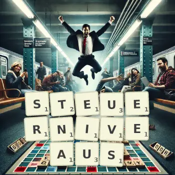 Kreative Illustration für ein Scrabble-Spiel, bei dem das Wort STEUERNIVEAUS mit Steinen auf dem Brett gelegt wurde.