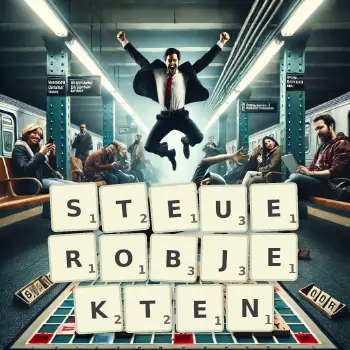 Kreative Illustration für ein Scrabble-Spiel, bei dem das Wort STEUEROBJEKTEN mit Steinen auf dem Brett gelegt wurde.