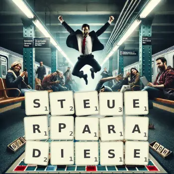 Kreative Illustration für ein Scrabble-Spiel, bei dem das Wort STEUERPARADIESE mit Steinen auf dem Brett gelegt wurde.