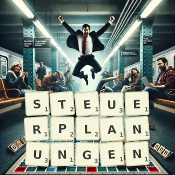 Kreative Illustration für ein Scrabble-Spiel, bei dem das Wort STEUERPLANUNGEN mit Steinen auf dem Brett gelegt wurde.