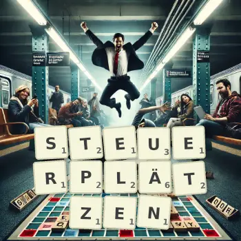 Kreative Illustration für ein Scrabble-Spiel, bei dem das Wort STEUERPLÄTZEN mit Steinen auf dem Brett gelegt wurde.
