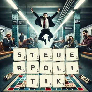 Kreative Illustration für ein Scrabble-Spiel, bei dem das Wort STEUERPOLITIK mit Steinen auf dem Brett gelegt wurde.