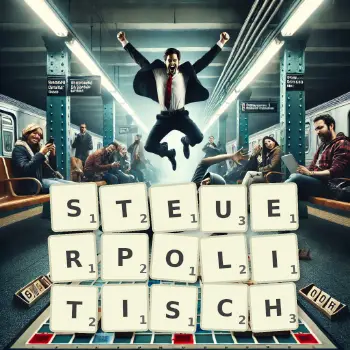 Kreative Illustration für ein Scrabble-Spiel, bei dem das Wort STEUERPOLITISCH mit Steinen auf dem Brett gelegt wurde.