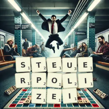 Kreative Illustration für ein Scrabble-Spiel, bei dem das Wort STEUERPOLIZEI mit Steinen auf dem Brett gelegt wurde.