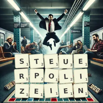 Kreative Illustration für ein Scrabble-Spiel, bei dem das Wort STEUERPOLIZEIEN mit Steinen auf dem Brett gelegt wurde.