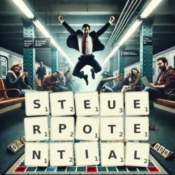 Kreative Illustration für ein Scrabble-Spiel, bei dem das Wort STEUERPOTENTIAL mit Steinen auf dem Brett gelegt wurde.