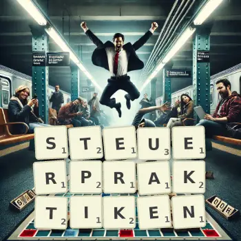 Kreative Illustration für ein Scrabble-Spiel, bei dem das Wort STEUERPRAKTIKEN mit Steinen auf dem Brett gelegt wurde.