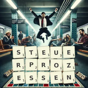 Kreative Illustration für ein Scrabble-Spiel, bei dem das Wort STEUERPROZESSEN mit Steinen auf dem Brett gelegt wurde.