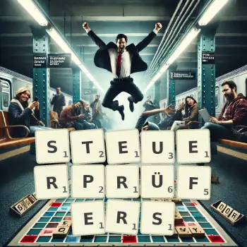 Kreative Illustration für ein Scrabble-Spiel, bei dem das Wort STEUERPRÜFERS mit Steinen auf dem Brett gelegt wurde.