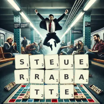 Kreative Illustration für ein Scrabble-Spiel, bei dem das Wort STEUERRABATTE mit Steinen auf dem Brett gelegt wurde.