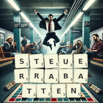 Kreative Illustration für ein Scrabble-Spiel, bei dem das Wort STEUERRABATTEN mit Steinen auf dem Brett gelegt wurde.