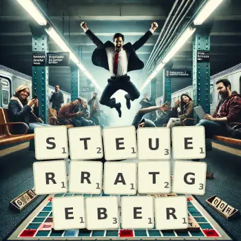 Kreative Illustration für ein Scrabble-Spiel, bei dem das Wort STEUERRATGEBER mit Steinen auf dem Brett gelegt wurde.