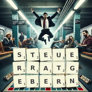 Kreative Illustration für ein Scrabble-Spiel, bei dem das Wort STEUERRATGEBERN mit Steinen auf dem Brett gelegt wurde.