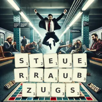 Kreative Illustration für ein Scrabble-Spiel, bei dem das Wort STEUERRAUBZUGS mit Steinen auf dem Brett gelegt wurde.