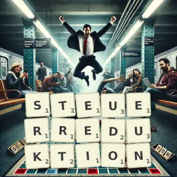 Kreative Illustration für ein Scrabble-Spiel, bei dem das Wort STEUERREDUKTION mit Steinen auf dem Brett gelegt wurde.