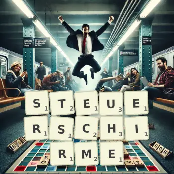 Kreative Illustration für ein Scrabble-Spiel, bei dem das Wort STEUERSCHIRME mit Steinen auf dem Brett gelegt wurde.