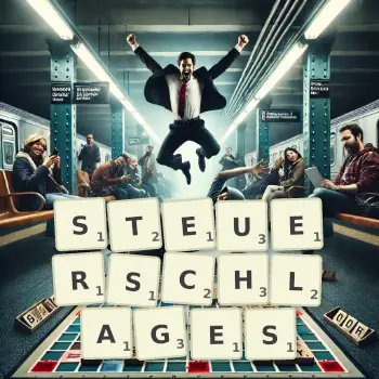 Kreative Illustration für ein Scrabble-Spiel, bei dem das Wort STEUERSCHLAGES mit Steinen auf dem Brett gelegt wurde.