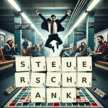 Kreative Illustration für ein Scrabble-Spiel, bei dem das Wort STEUERSCHRANK mit Steinen auf dem Brett gelegt wurde.