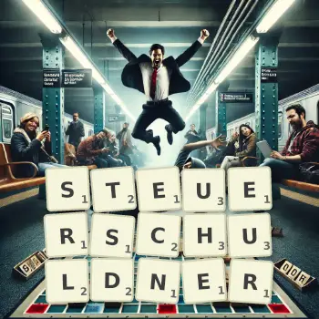 Kreative Illustration für ein Scrabble-Spiel, bei dem das Wort STEUERSCHULDNER mit Steinen auf dem Brett gelegt wurde.