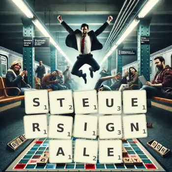 Kreative Illustration für ein Scrabble-Spiel, bei dem das Wort STEUERSIGNALE mit Steinen auf dem Brett gelegt wurde.