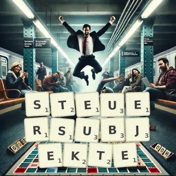 Kreative Illustration für ein Scrabble-Spiel, bei dem das Wort STEUERSUBJEKTE mit Steinen auf dem Brett gelegt wurde.
