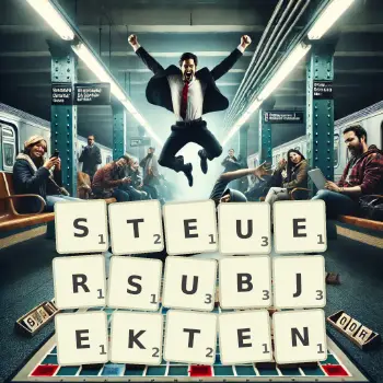Kreative Illustration für ein Scrabble-Spiel, bei dem das Wort STEUERSUBJEKTEN mit Steinen auf dem Brett gelegt wurde.