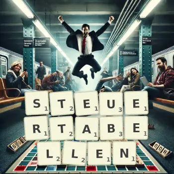 Kreative Illustration für ein Scrabble-Spiel, bei dem das Wort STEUERTABELLEN mit Steinen auf dem Brett gelegt wurde.